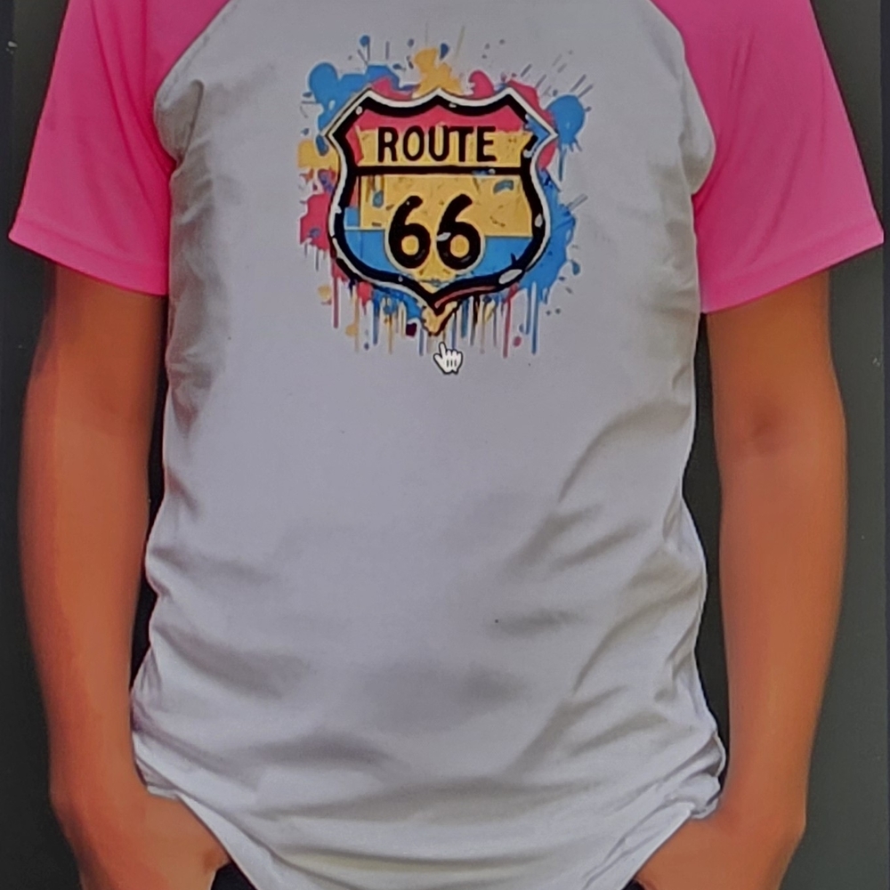 Route 66 Pink and Gray Short Sleeve Tee with Graphic Design